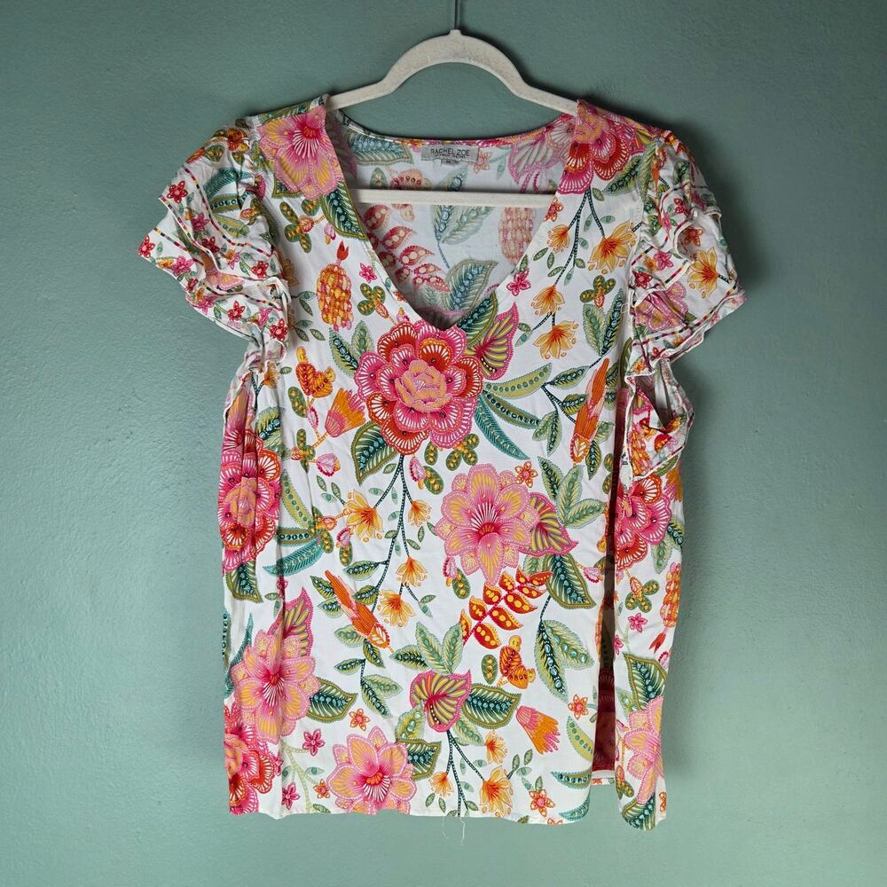 Rachel Zoe Womens Colorful Floral Print Ruffle Short Sleeve V-Neck Top Size 1X